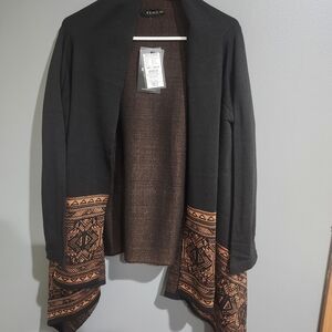 Chic Black Cardigan with Orange Tribal Design Size xxl